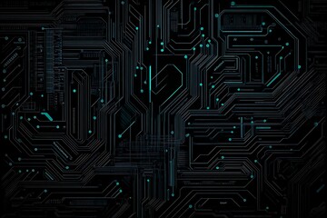 Abstract close-up of a glowing blue digital circuit board, showcasing intricate connections and technological design on a black background.
