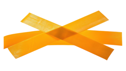 Two bright orange caution tapes crossed on a transparent background, symbolizing safety measures in construction or hazardous areas.