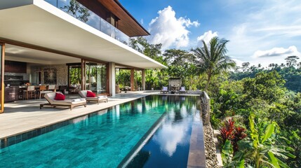 Open-plan contemporary villa with modern decor, abundant natural light, and a harmonious indoor-outdoor connection to the pool and jungle