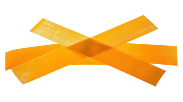 Two bright orange caution tapes crossed on a transparent background, symbolizing safety measures in construction or hazardous areas.