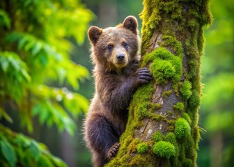 Obraz premium Adorable Brown Bear Cub Climbing Tree in Lush Green Forest - Wildlife Stock Photo