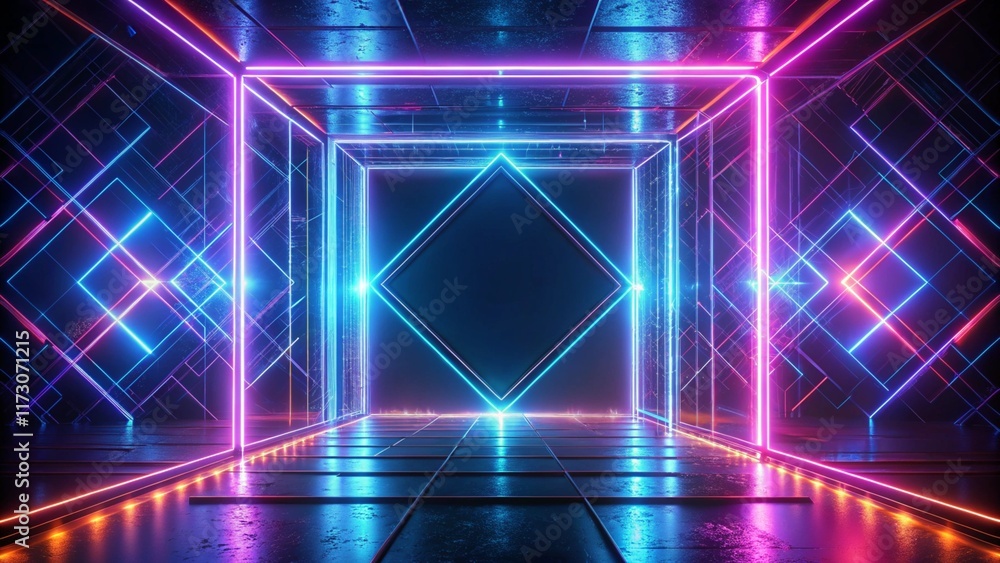 Fototapete a 3d rendered abstract technology background features a mesmerizing geometric design, with a neon sq