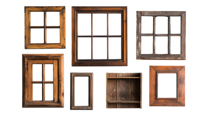 A collection of rustic wooden window frames arranged on a transparent background for creative design projects.