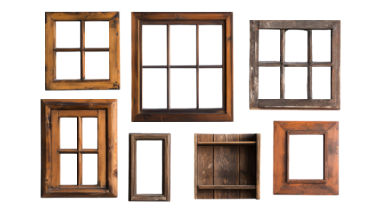 A collection of rustic wooden window frames arranged on a transparent background for creative design projects.