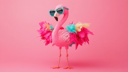 Cool flamingo wearing sunglasses and colorful feathers on pink background.