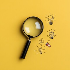 A magnifying glass rests on a vibrant yellow background, surrounded by illustrated light bulbs and a flashlight, symbolizing ideas and exploration.