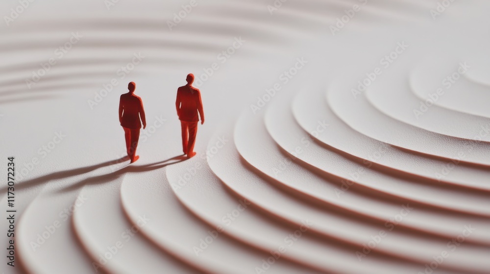 Poster two red figures walk along patterned layers, creating a sense of depth and perspective in a minimali