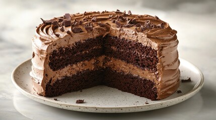 A rich chocolate cake layered with creamy frosting and garnished with chocolate shavings, perfect for dessert lovers.