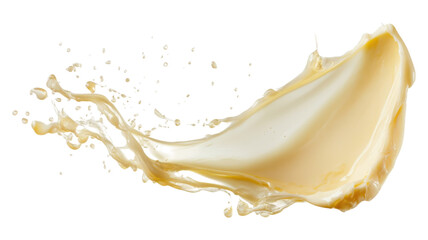 Creamy liquid splashes dynamically across a transparent backdrop, showcasing the texture and motion of the flowing substance.
