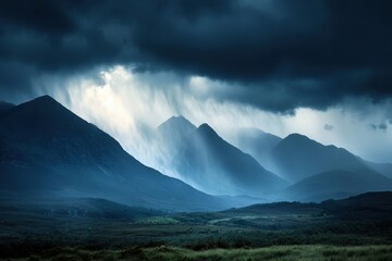 Fototapeta premium Dramatic storm rolling over mountain range in a dark atmosphere capturing the intensity of nature’s fury landscape photography majestic viewpoint awe-inspiring concept