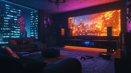 Sleek living room with a glowing LED backdrop, stylish furniture, and a setup optimized for gaming and movie nights.