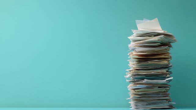 Organized tax receipts and documents stack office space informative image minimalist background professional viewpoint