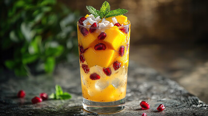 Mango pomegranate mint iced drink in glass on rustic surface with greenery backdrop