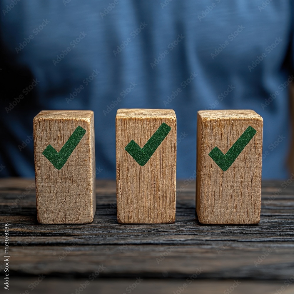 Aufkleber three wooden blocks with green checkmarks stand on a table, symbolizing approval or completed tasks.