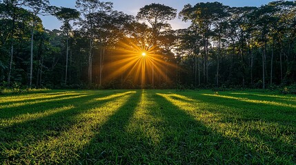 Obraz premium Sunset rays through rainforest trees illuminating a grassy clearing.
