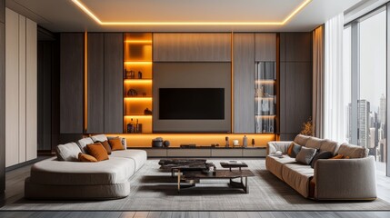 Sophisticated living room with a glowing LED wall, comfortable seating, and a cinematic setup perfect for gaming or movies.