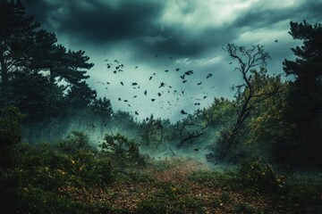 Fototapeta premium A violent windstorm sweeps through a dense forest capturing nature's fury in a dramatic scene evoking raw power and chaos amidst the trees