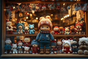 A charming display of colorful dolls and stuffed animals in a window.