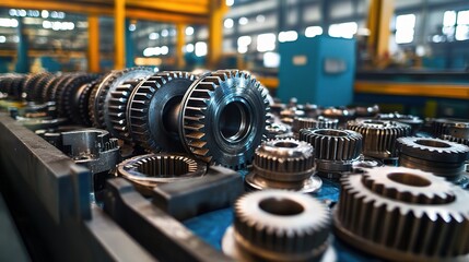 Vintage Metal Gears in Industrial Factory Setting with Abstract Background