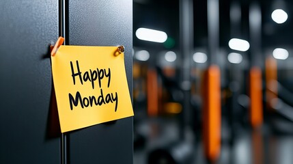 Happy Monday! A yellow sticky note with encouraging words on a locker in a gym.