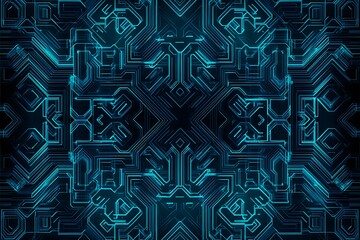 Obraz premium Abstract close-up of a glowing blue digital circuit board, showcasing intricate connections and technological design on a black background. 