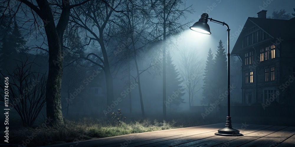 Poster a street lamp is lit up in the dark, casting a bright light on a path