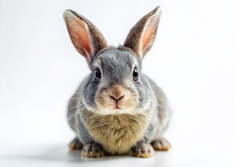 Obraz premium Adorable Gray Rabbit Portrait: Tilt-Shift Miniature White Background Stock Photo