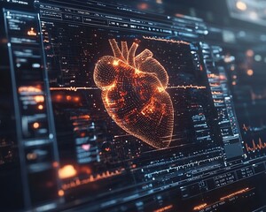 Digital 3D human heart model on a futuristic screen.