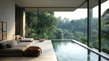 Fototapeta premium Spacious villa living room with contemporary decor, large windows overlooking a pool, and a jungle view beyond.