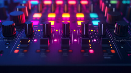 Close-up of vibrant colorful music mixer console.