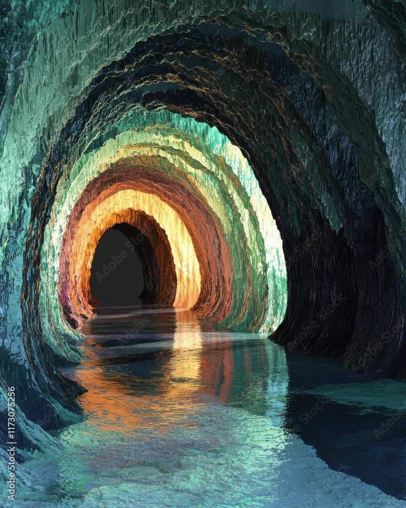 Poster illuminated abstract tunnel art surreal landscape digital artwork colorful environment wide-angle vi
