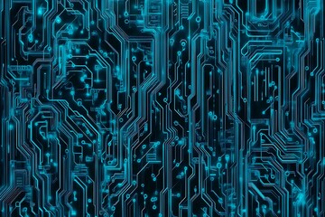 Abstract close-up of a glowing blue digital circuit board, showcasing intricate connections and technological design on a black background.
