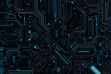 Abstract close-up of a glowing blue digital circuit board, showcasing intricate connections and technological design on a black background.
