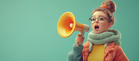 Animated Girl with Megaphone Making Announcement Digital Illustration Cartoon Style