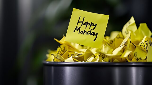 Happy Monday!  A yellow sticky note with this message sits atop a bin of crumpled yellow notes.