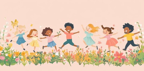 Happy Children Joyfully Playing in a Blooming Flower Garden