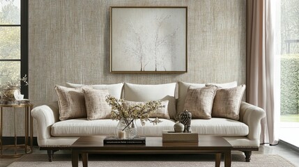 Stylish living room showcasing a mock-up wall texture background, a neutral-toned sofa, and a coffee table with elegant decor pieces.
