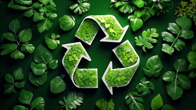 A green leafy plant with a white arrow in the middle. The arrow is surrounded by green leaves and plants. Concept of recycling and the importance of taking care of the environment