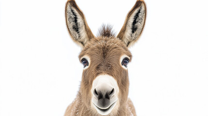 Fototapeta premium Close-up portrait of a donkey against a white background.
