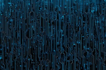 Abstract close-up of a glowing blue digital circuit board, showcasing intricate connections and technological design on a black background.
