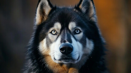 Close-up portrait of a majestic husky dog with piercing blue eyes, set against a blurred autumnal background.