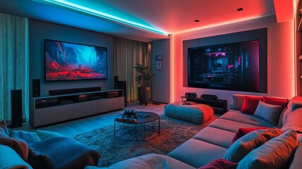 Vibrant LED-lit living room with a gaming console, large screen, and cozy seating, creating the ultimate gaming retreat.