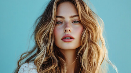 Close-up portrait of a young woman with long, wavy blonde hair and subtle makeup against a light blue background.