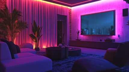 Vibrantly lit living room with ambient LED effects, a large screen, and comfortable seating for a modern entertainment experience.
