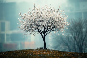 Solitary flowering tree on a misty hill