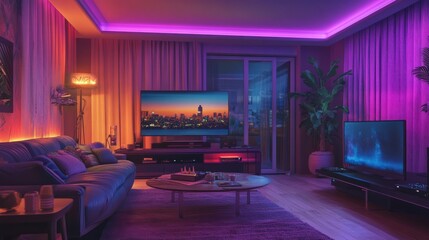 Vibrantly lit living room with ambient LED effects, a large screen, and comfortable seating for a modern entertainment experience.