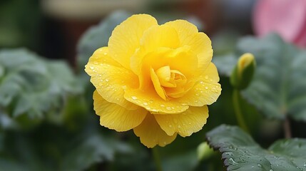 Bright Yellow Begonia Bloom Close Up with Water Drops