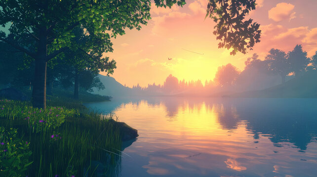 A serene fishing mini-game set by a tranquil lake at sunset, with soft golden light, dynamic water reflections, gentle ripples, and an immersive atmosphere evoking relaxation and peaceful gameplay.