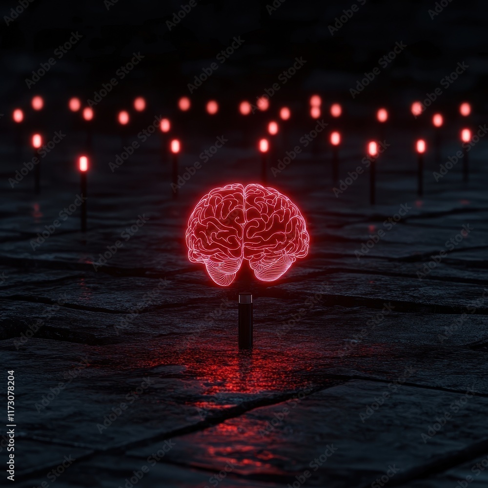 Poster a glowing red brain surrounded by glowing lights on a dark surface, creating a striking and futurist