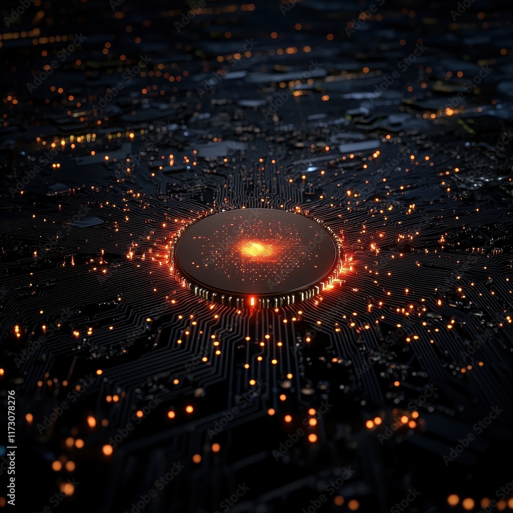 Poster a mesmerizing digital landscape showcasing a glowing circular core surrounded by intricate circuitry